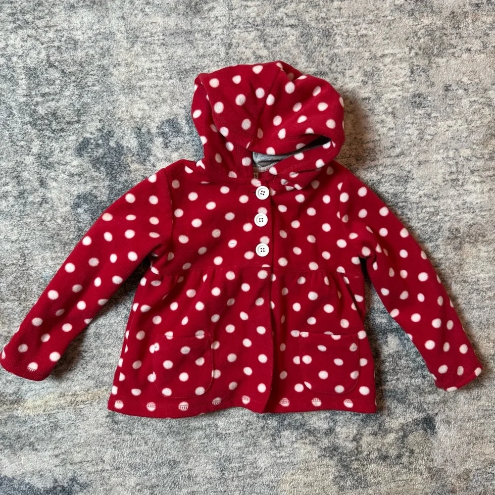 Carters Toddler Girls Red White Polka‎ Dot Fleece Button Up Hooded Jacket 3T